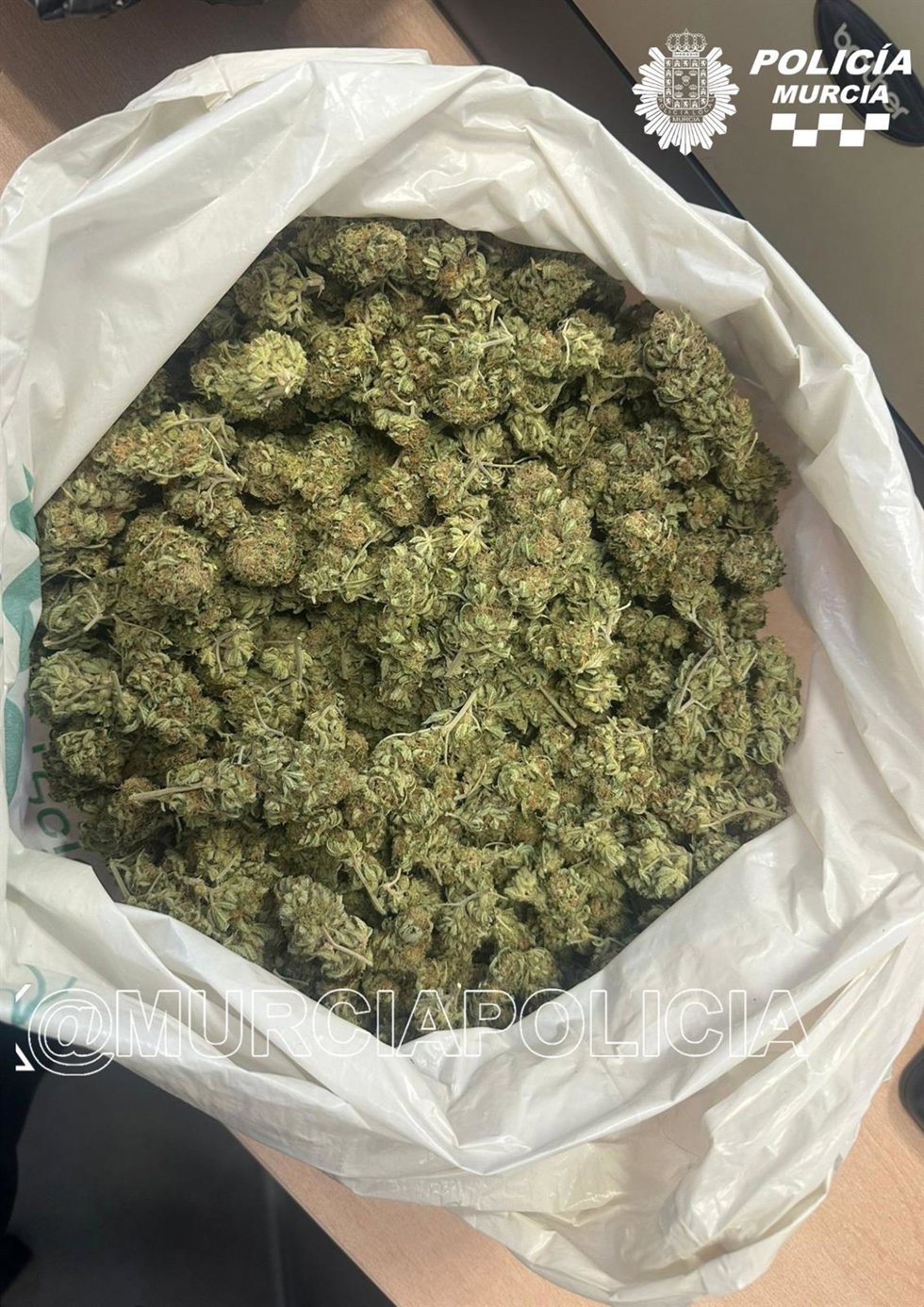 Imagen de la bolsa cargada de cogollos de marihuana