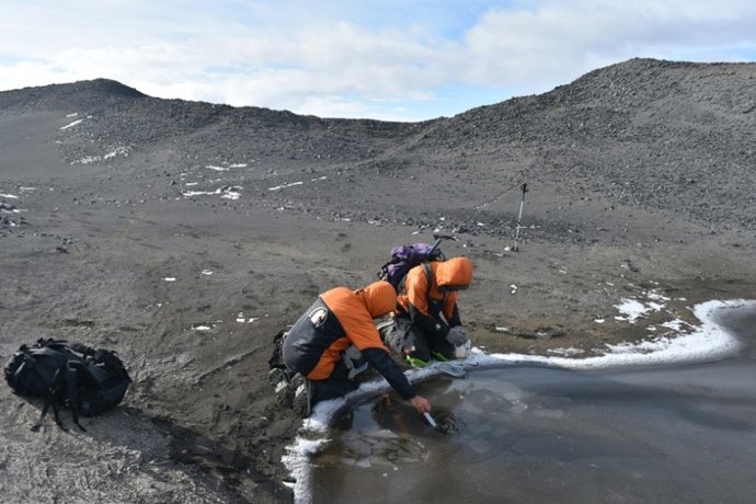 Los investigadores Ian Hawes de la Universidad de Waikato y Marc Schallenberg de la Universidad de Otago miden las condiciones fisicoquímicas de un estanque de agua de deshielo.