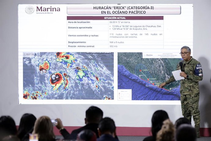 Mexico's Navy Minister Raymundo Morales Angeles speaks during a briefing on Hurricane Erick, which hit the states of Oaxaca and Guerrero at the National Palace. on June 19, 2025 in Mexico City, Mexico.