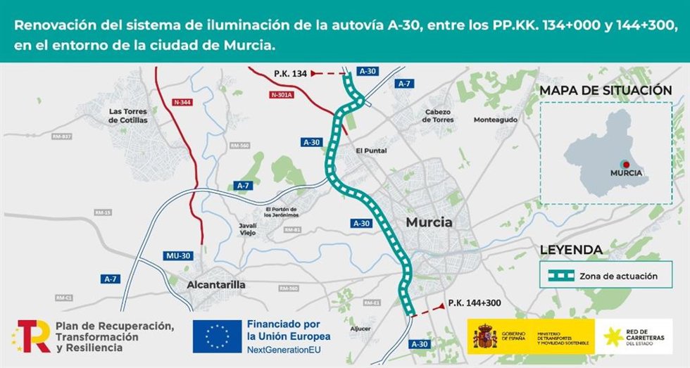Infografía de la renovación del sistema de iluminación de la autovía A-30, en el entorno de la ciudad de Murcia