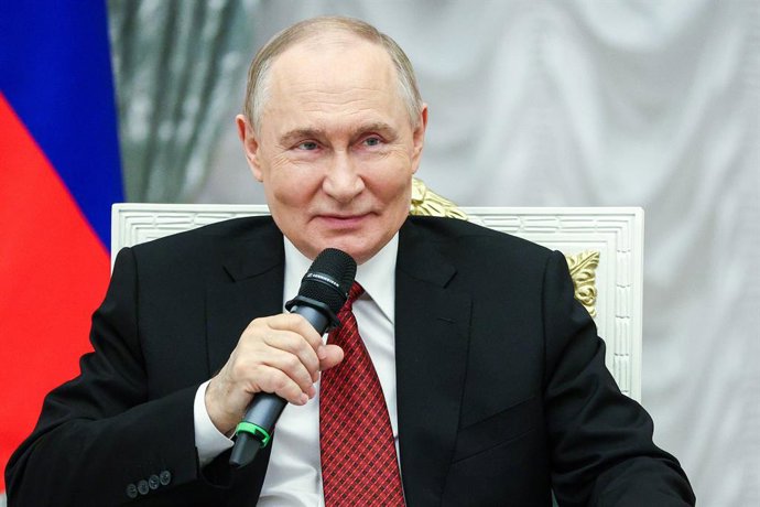 RUSSIA, MOSCOW - JUNE 12, 2025: Russia's President Vladimir Putin speaks during a meeting with Time of Heroes programme participants in the Kremlin,Image: 1010045797, License: Rights-managed, Restrictions: * Switzerland And Russia Rights Out *, Model Rele