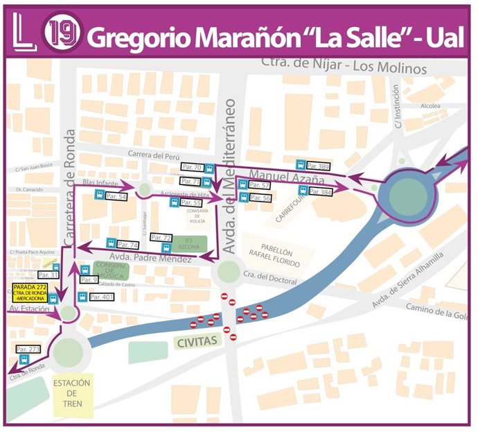 Cambios en la línea 19 del bus urbano de Almería con el cierre de la Avenida de Montserrat.