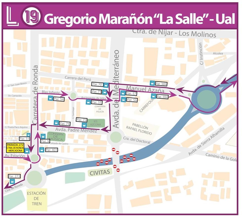 Cambios en la línea 19 del bus urbano de Almería con el cierre de la Avenida de Montserrat.