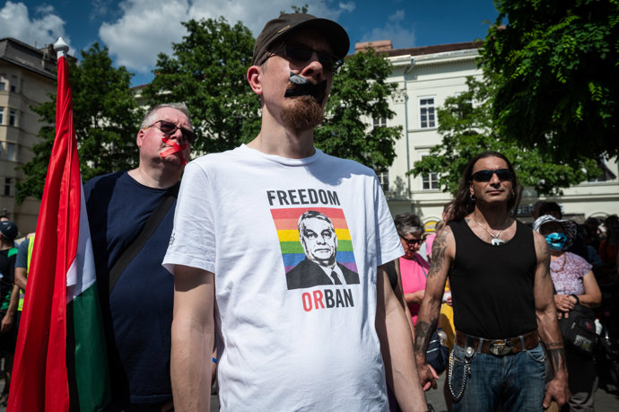 June 1, 2025, Budapest, Budapest, Hungary: A protester stands on the Fovam Square in Budapest, where activists and demonstrators gathered to march against the government's new 'censorship law'