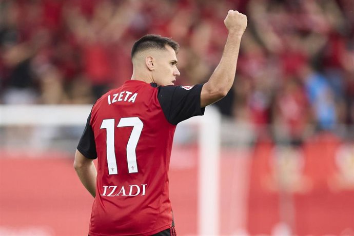 Urko Izeta of CD Mirandes celebrates after scoring the team's first goal during the LaLiga Hypermotion match between CD Mirandes and Racing Santander at Anduva on June 12, 2025, in Miranda de Ebro, Spain.