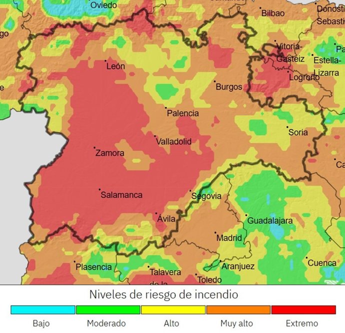 Mapa sobre el riesgo de incendios previsto para este sábado.