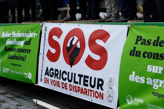 Archivo - Arquivo - 9 de dezembro de 2024, Bruxelas, Bélgica: Foto de ilustração tirada durante uma ação de protesto da Federation Wallonne de l'Agriculture (FWA) e da Union des Agricultrices Wallonnes (UAW), com o apoio do sindicato agrícola europeu Copa