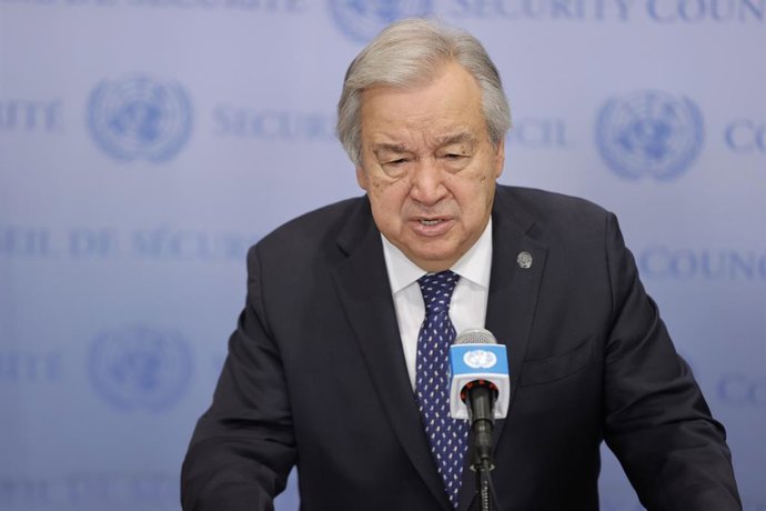 June 5, 2025, New York, Ny, USA: NEW YORK, NY - JUNE 5, 2025: United Nations Secretary-General Antonio Guterres speaks to reporters at UN Headquarters during a solemn briefing honoring the 168 UN personnel who lost their lives in the line of duty througho