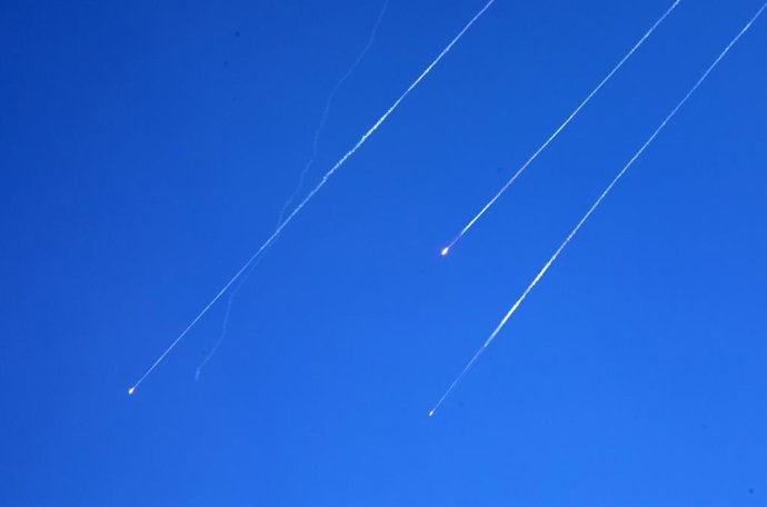 HEBRON, June 19, 2025  -- Missile traces are seen from the city of Hebron in the southern West Bank during Iran's missile attack against Israel, on June 19, 2025.