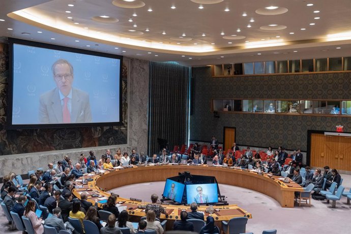 20 de junho de 2025, Nova York, Nova York, Estados Unidos: Rafael Mariano Grossi, diretor geral da Agência Internacional de Energia Atômica, fala virtualmente durante a reunião do Conselho de Segurança sobre a situação no Oriente Médio, com as hostilidade
