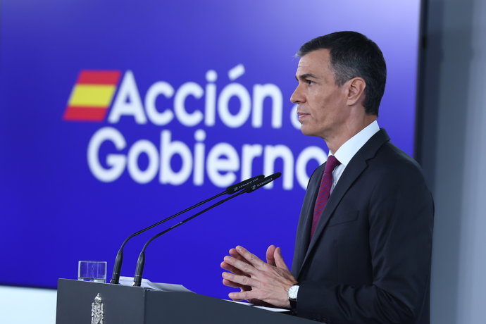 El presidente del Gobierno, Pedro Sánchez, durante una declaración institucional, en el Palacio de la Moncloa, a 22 de junio de 2025, en Madrid (España).