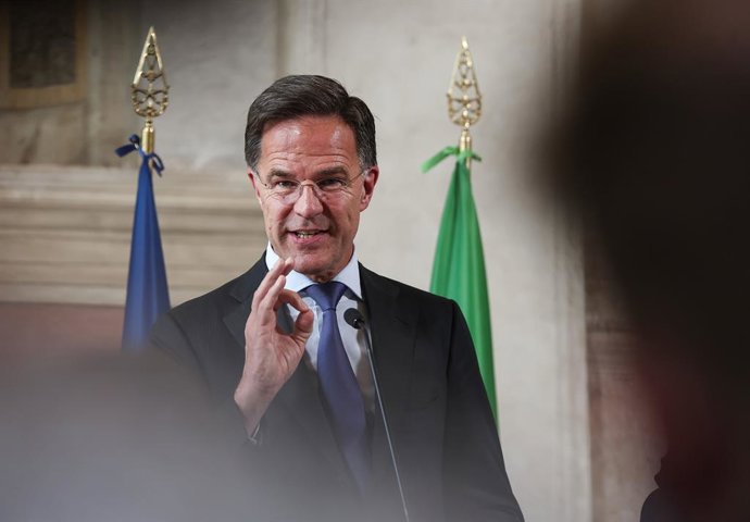 12 de junho de 2025, Itália, Roma: Mark Rutte, secretário-geral da OTAN, fala em uma coletiva de imprensa durante a reunião Weimar Plus em Roma. Foto: Hannes P. Albert/dpa