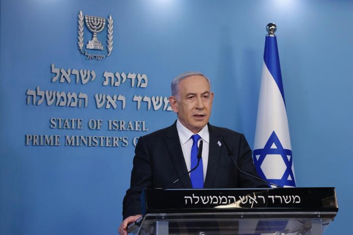 Archivo - JERUSALEM, Feb. 7, 2024  -- Israeli Prime Minister Benjamin Netanyahu speaks at a press conference at the Prime Minister's office in Jerusalem, on Feb. 7, 2024. Netanyahu rejected Hamas's proposal for a ceasefire in the Gaza Strip on Wednesday.