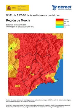 El nivel de riesgo de incendio forestal es extremo en la Región de Murcia, excepto en el litoral este