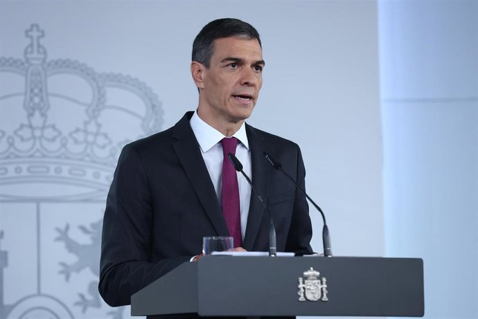 El presidente del Gobierno, Pedro Sánchez, durante una declaración institucional, en el Palacio de la Moncloa, a 22 de junio de 2025, en Madrid (España). Sánchez ha anunciado un acuerdo con la OTAN para no subir el gasto militar de España hasta el 5% del 