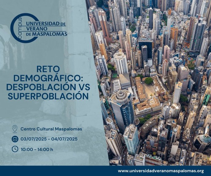 Cartel de 'El Reto Demográfico: despoblación VS superpoblación'