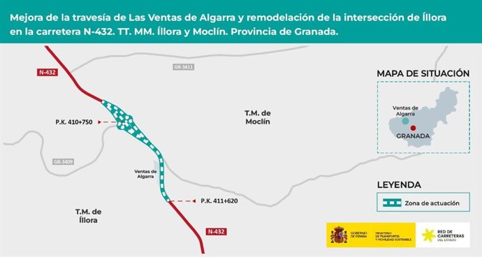 Mapa de la intervención proyectada en la travesía de Las Ventas de Algarra y la intersección de Íllora en la N-432