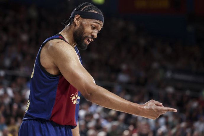 Archivo - Jabari Parker do FC Barcelona gesticula durante o jogo 4 da Turkish Airlines Euroleague, Play Offs entre FC Barcelona e AS Monaco no Palau Blaugrana em 02 de maio de 2025 em Barcelona, Espanha.