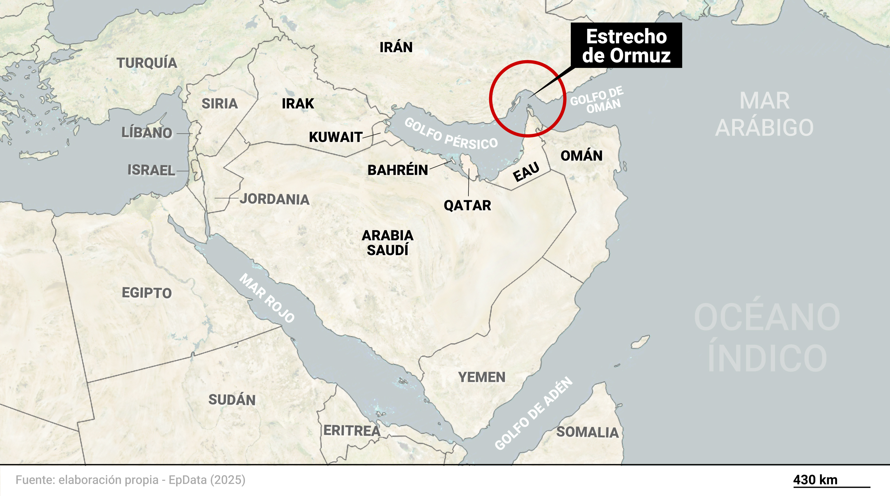 Mapa de localización del estrecho de Ormuz y los países que lo rodean en el golfo Pérsico