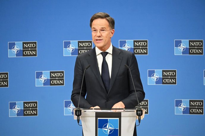 Archivo - Arquivo - 04 de abril de 2025, Bélgica, Bruxelas: O secretário-geral da Otan, Mark Rutte, fala à imprensa na sede da Otan no final de uma reunião de dois dias dos ministros das Relações Exteriores da Otan. Foto: Anna Ross/dpa
