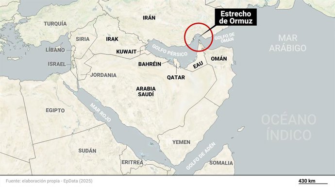 Mapa de localización del estrecho de Ormuz y los países que lo rodean en el golfo Pérsico. El estrecho de Ormuz, uno de los pasos comerciales más importantes del mundo, podría convertirse en uno de los principales puntos calientes en el conflicto en Orien