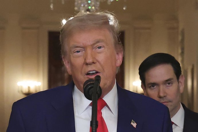 June 21, 2025, Washington, District Of Columbia, USA: U.S. President Donald Trump delivers an address to the nation at the White House in Washington, D.C., U.S. June 21, 2025, following U.S. strikes on Iran's nuclear facilities,Image: 1013706596, License: