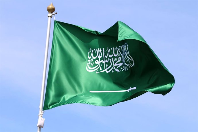 June 20, 2025, Saint Petersburg, Russia: The national flag of the Kingdom of Saudi Arabia, fluttering in the wind on a flagpole in Saint Petersburg, Russia.