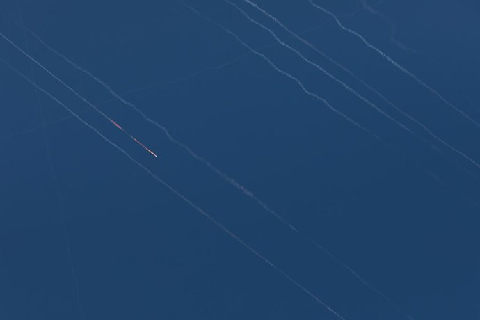 NABLUS, June 22, 2025  -- Missile traces are seen from the city of Nablus in the northern West Bank during Iran's missile attacks against Israel on June 22, 2025.