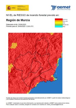 El nivel de riesgo de incendio forestal es extremo en toda la Región de Murcia