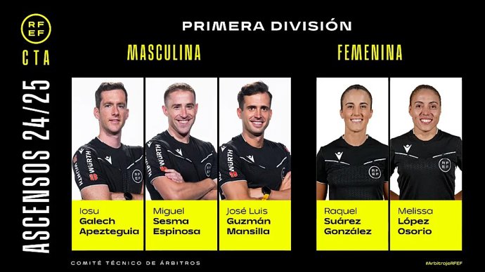 Los árbitros Galech Apezteguia, Guzmán Mansilla y Sesma Espinosa suben a LaLiga EA Sports.