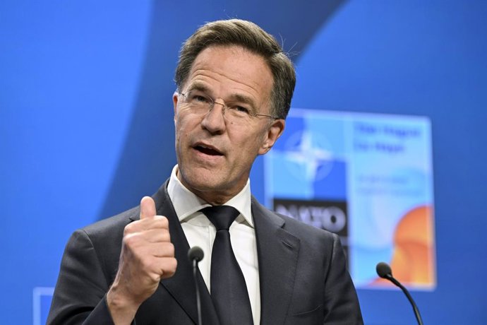El secretari general de l'OTAN, Mark Rutte, durant la roda de premsa prèvia a la cimera de l'Haia .