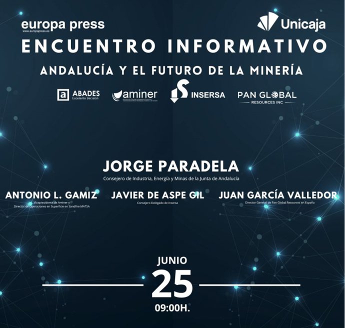 Cartel anunciador del encuentro informativo de Europa Press sobre 'Andalucía y el futuro de la minería' con el consejero de Industria, Energía y Minas de la Junta, Jorge Paradela, este 25 de junio en Sevilla