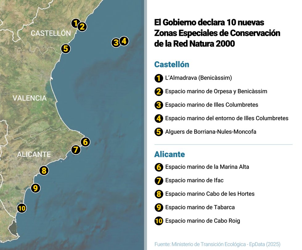 Mapa con las diez nuevas zonas de especial conservación aprobadas por el Gobierno