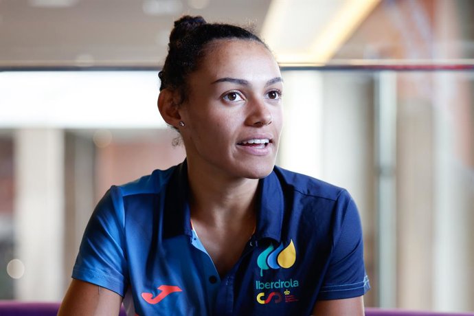 Jael Bestue of Spain attends during the Meeting Day with the media of the European Athletics Championships Division 1 Madrid 2025 at the Marriott Auditorium Hotel on June 24, 2025 in Madrid, Spain.