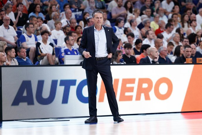 Pedro Martinez, head coach of Valencia Basket, looks on during the Spanish League, Final second leg of Liga ACB Endesa, basketball match played between Real Madrid and Valencia Basket at Movistar Arena on June 22, 2025, in Madrid, Spain.