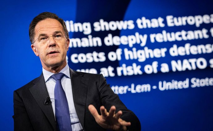 HANDOUT - 24 June 2025, Netherlands, The Hague: NATO Secretary General Mark Rutte talks during the NATO Public Forum during the 2025 NATO Summit in the Hague, the Netherlands. Photo: NATO/dpa - ATTENTION: editorial use only and only if the credit mentione