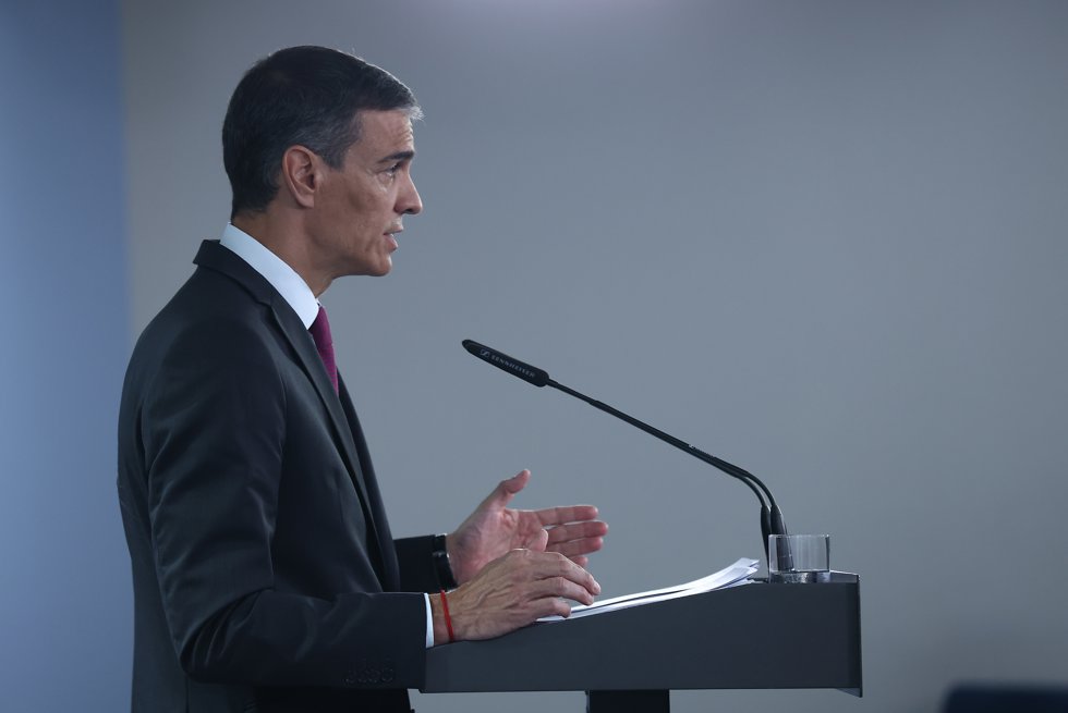 El presidente del Gobierno, Pedro Sánchez, durante una declaración institucional, en el Palacio de la Moncloa, a 22 de junio de 2025, en Madrid (España).