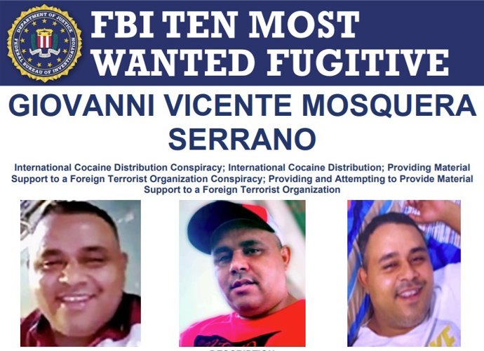 Cartaz de procurado emitido pelo FBI para Giovanny San Vicente, líder do Tren de Aragua