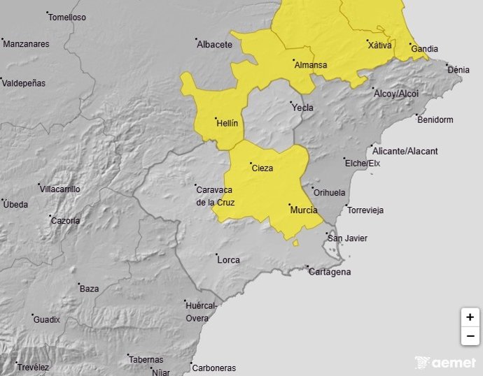 Mapa que muestra los fenómenos meteorológicos adversos publicados por la Aemet
