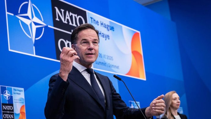 HANDOUT - 25 June 2025, Netherlands, The Hague: Doorstep statement by NATO Secretary General Mark Rutte at the start of the 2025 NATO Summit in The Hague. Photo: -/NATO/dpa - ATTENTION: editorial use only and only if the credit mentioned above is referenc