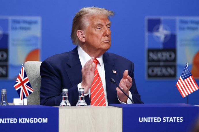 25 June 2025, Netherlands, Hague: US President Donald Trump attends a plenary meeting at the Nato Summit in the Hague. Photo: Beata Zawrzel/ZUMA Press Wire/dpa
