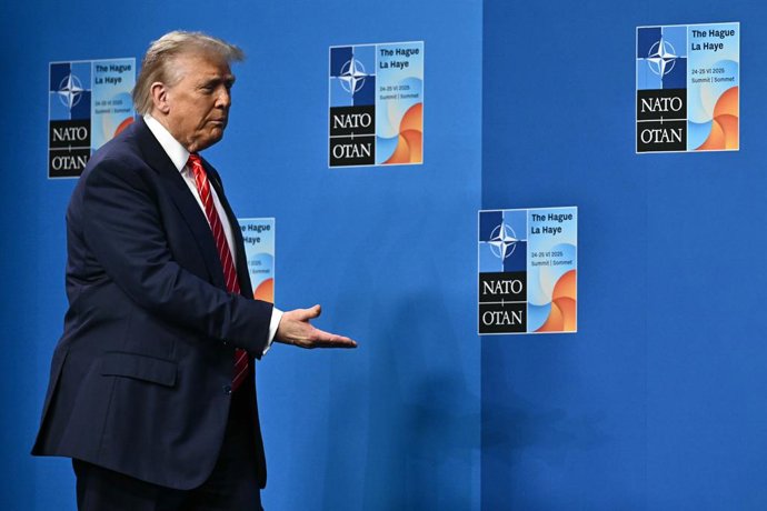 24 June 2025, Netherlands, Hague: US President Donald Trump arrives at the Nato Summit at the Hague, Netherlands. Photo: Ben Stansall/PA Wire/dpa
