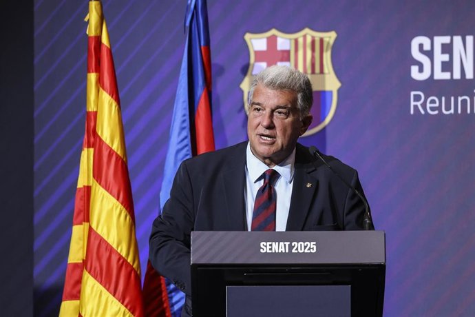El presidente del FC Barcelona, Joan Laporta, en su discurso ante el Senado del club el 18 de junio de 2025