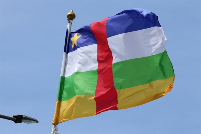 June 20, 2025, Saint Petersburg, Russia: The national flag of the Central African Republic, fluttering in the wind on a flagpole in Saint Petersburg, Russia.