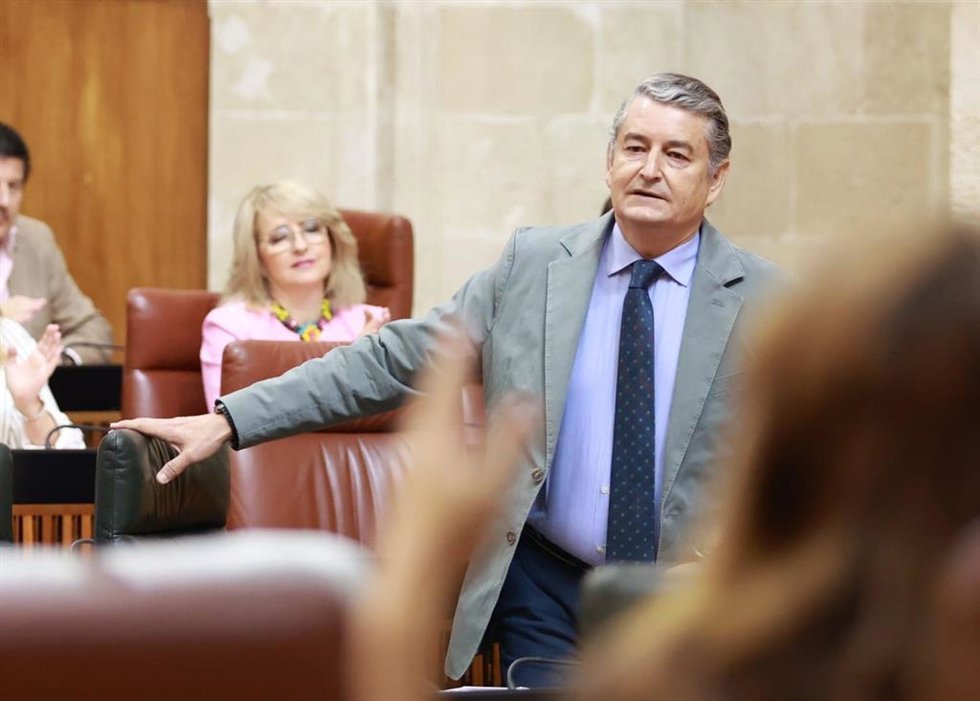 El consejero andaluz de Presidencia, Interior, Diálogo Social y Simplificación administrativa, Antonio Sanz, este jueves ante el Pleno del Parlamento