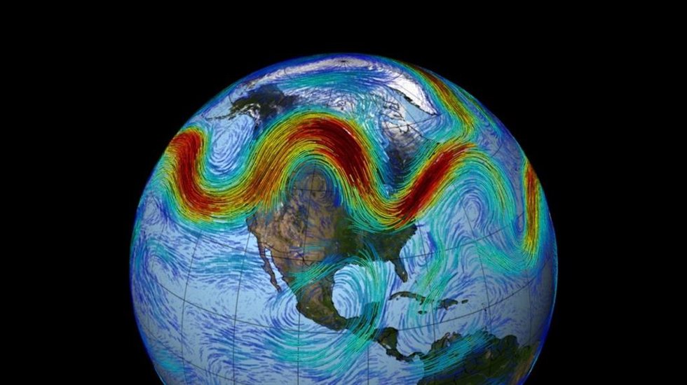Archivo - En esta visualización, basada en observaciones del conjunto de datos MERRA de la NASA, la corriente en chorro polar del hemisferio norte se ve como un cinturón serpenteante y rápido de vientos del oeste que atraviesan las capas inferiores de l