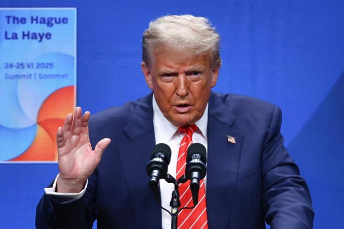 25 June 2025, Netherlands, The Hague: US President Donald Trump gives a press conference following the NATO summit in the Hauge. Photo: Beata Zawrzel/ZUMA Press Wire/dpa