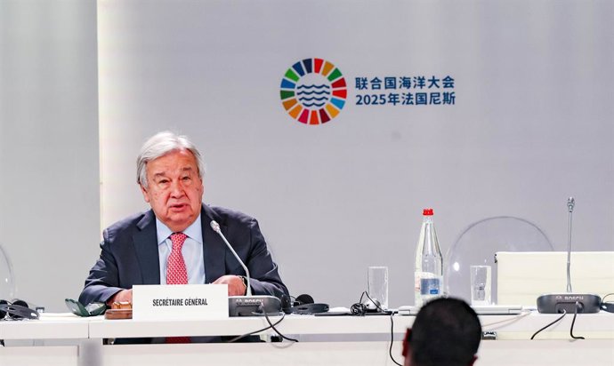 09 June 2025, France, Nice: UN Secretary General, Antonio Guterres, speaks at the opening of the third United Nations Ocean Conference (UNOC3)in Nice, where leading politicians, researchers and activists discuss the protection of marine life. Photo: Bianc