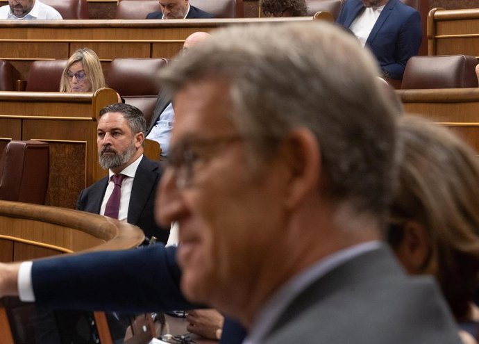Archivo - El líder de VOX, Santiago Abascal (i), durante una sesión plenaria en el Congreso