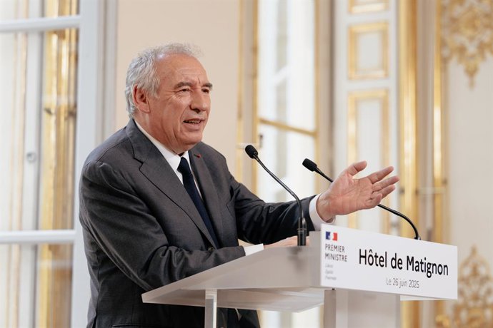 June 26, 2025, Paris, France, France: France s Prime Minister Francois Bayrou holds a press conference following his months long pension reform talks with labour unions and employers unions, at Hotel de Matignon.